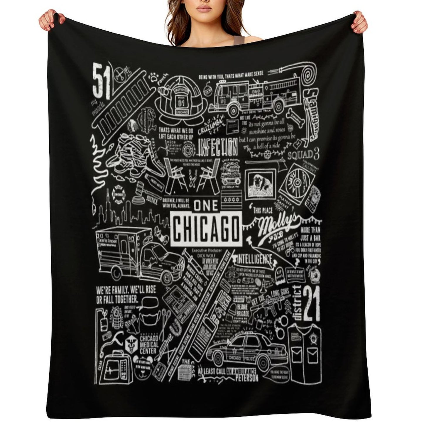 ONE CHICAGO COLLAGE on Black Throw Blanket