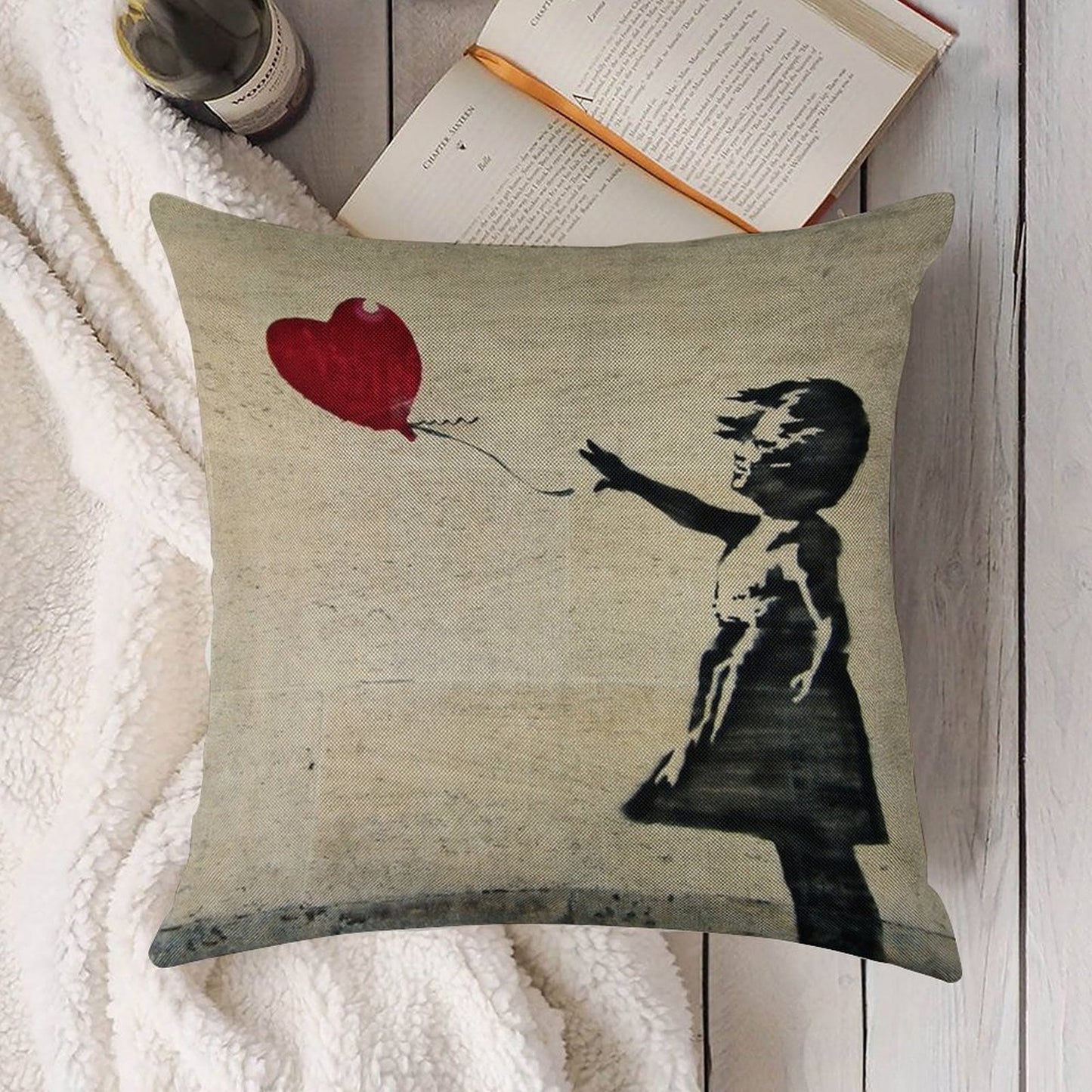 Banksy's Girl with A Red Balloon III Linen Throw Pillow Cover