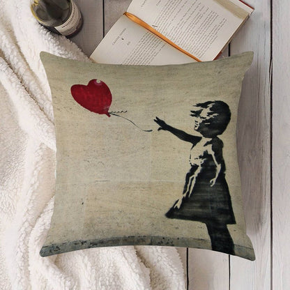Banksy's Girl with A Red Balloon III Linen Throw Pillow Cover