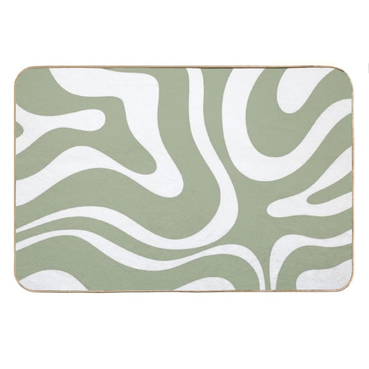 Retro Modern Liquid Swirl Abstract Pattern Square in Sage Green And White Bath Mat
