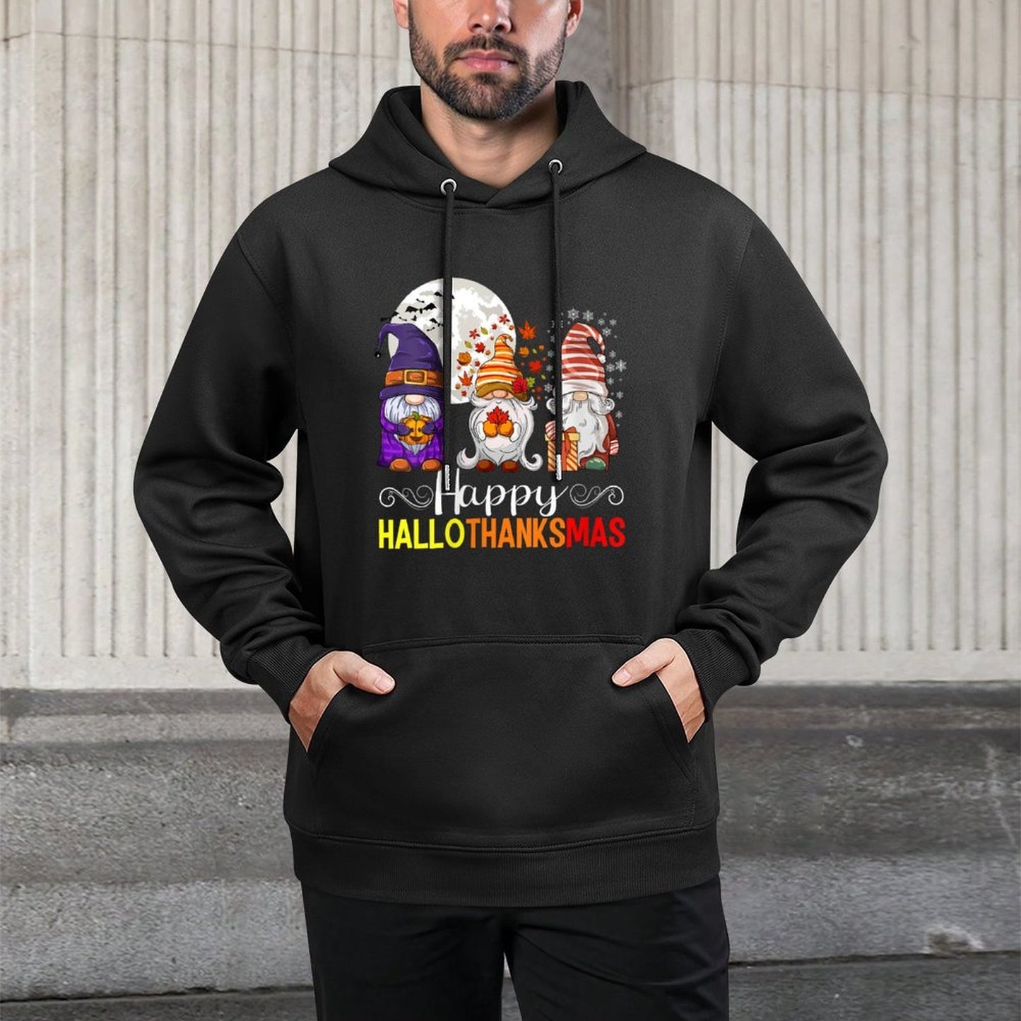 Womens Halloween Thanksgiving Christmas Happy HalloThanksMas Gnomes Relaxed Fit Hoodie