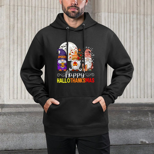 Womens Halloween Thanksgiving Christmas Happy HalloThanksMas Gnomes Relaxed Fit Hoodie