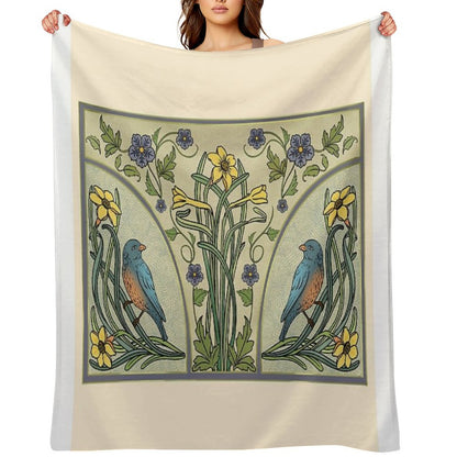 Bluebirds And Spring Blossoms Inspired By Art Nouveau Throw Blanket