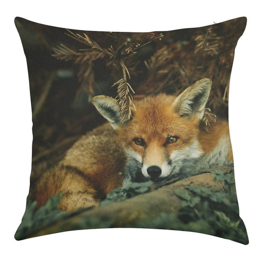 Red Fox in The Forest Linen Throw Pillow Cover