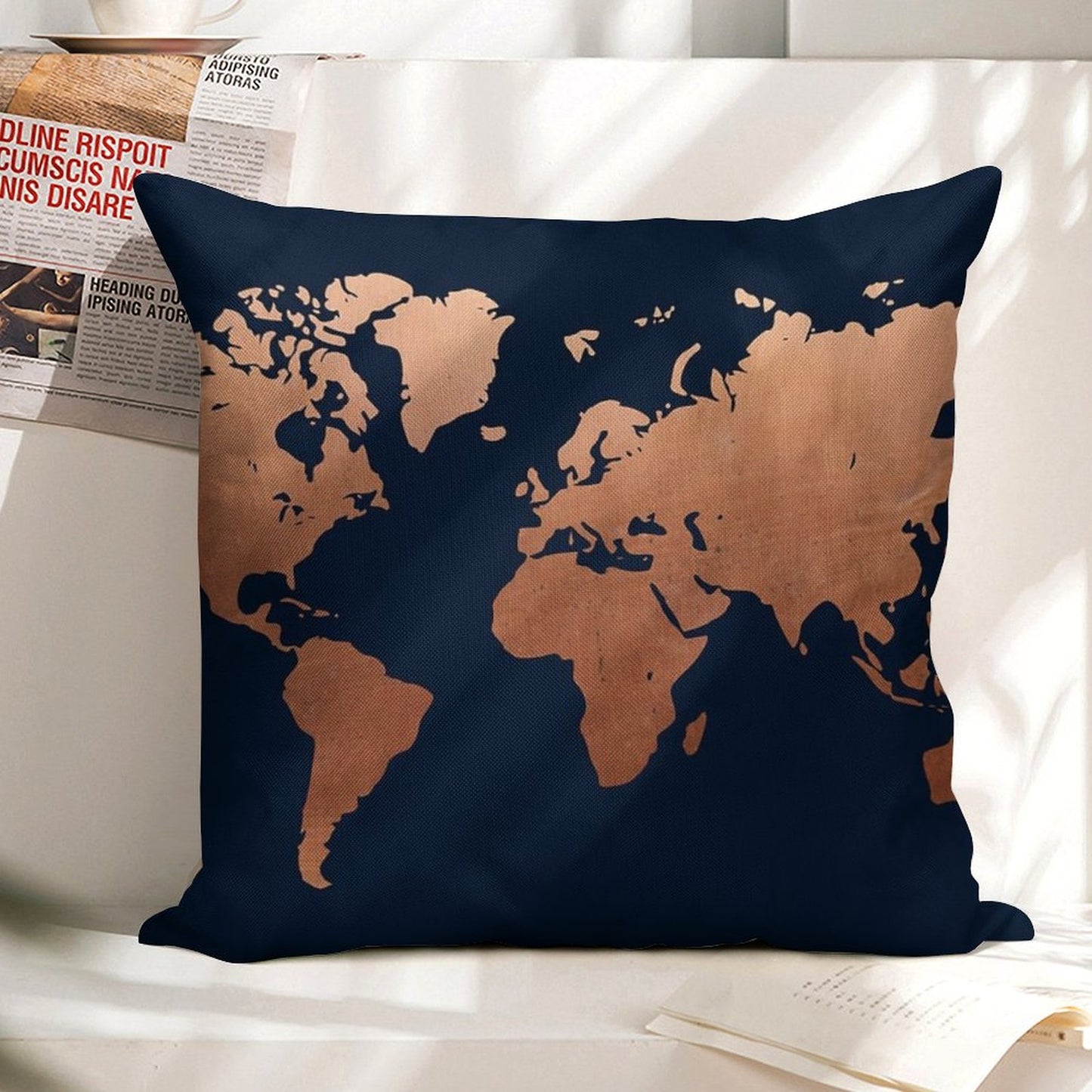 World Map - Navy Blue And Copper Linen Throw Pillow Cover