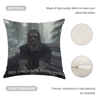 Hey You’re Finally Awake Linen Throw Pillow Cover