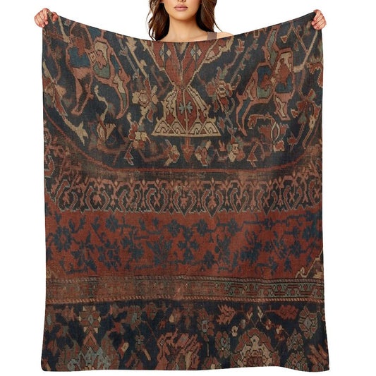 Boho Chic Dark III  17th Century Colorful Medallion Red Blue Green Brown Ornate Accent Rug Pattern Throw Blanket