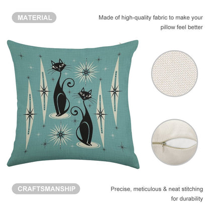 Mid Century Meow on Blue - Large Scale Linen Throw Pillow Cover