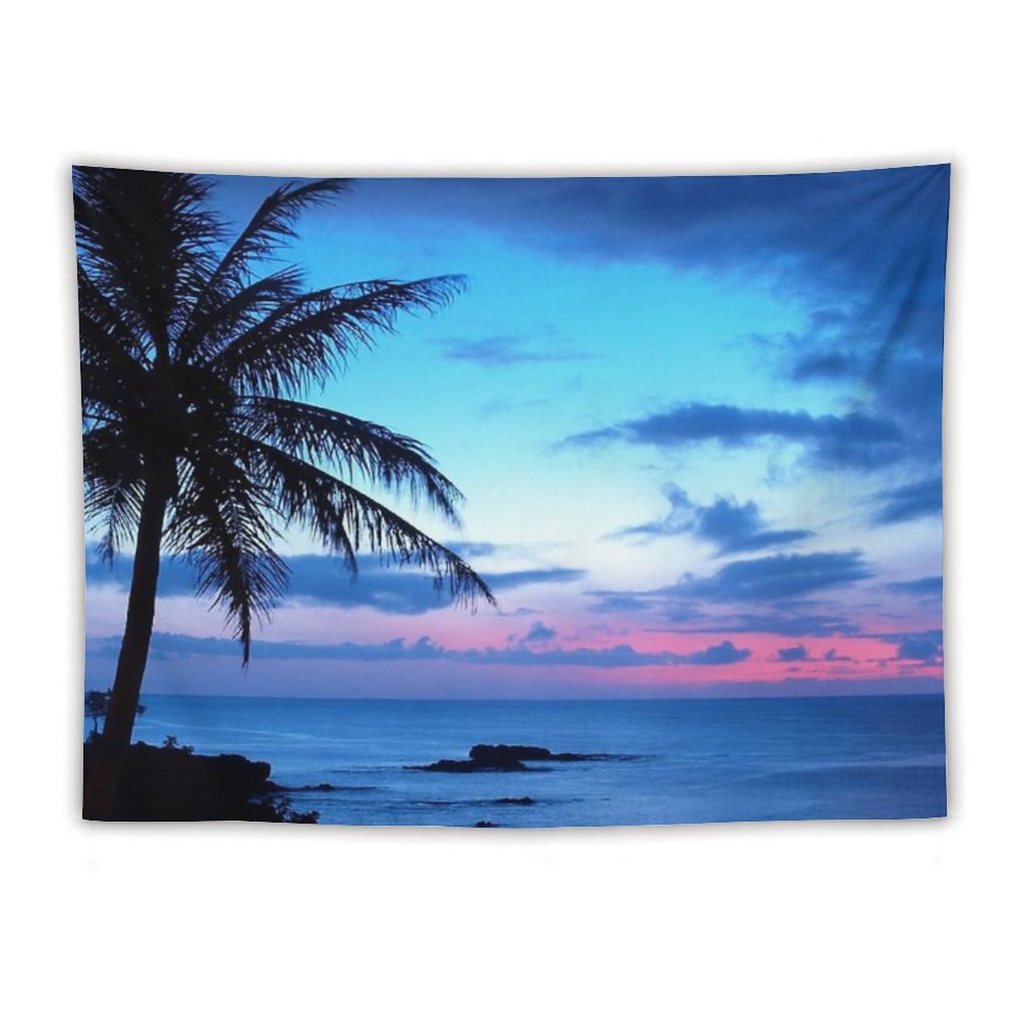 Tropical Island Pretty Pink Blue Sunset Landscape Tapestry