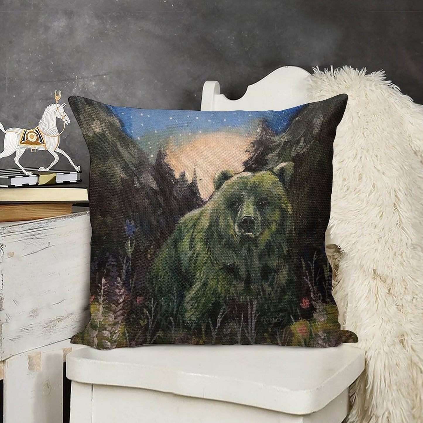 Sweet Grass Green Bear Linen Throw Pillow Cover