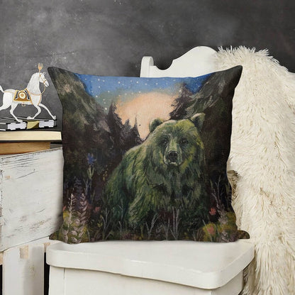 Sweet Grass Green Bear Linen Throw Pillow Cover