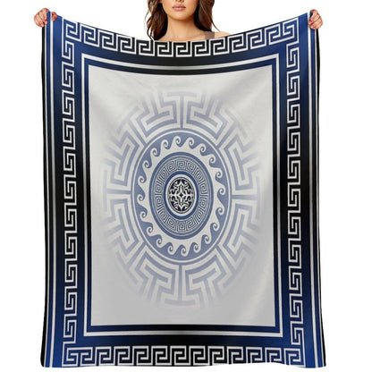 Greek Key Meander Blue White Silver Throw Blanket