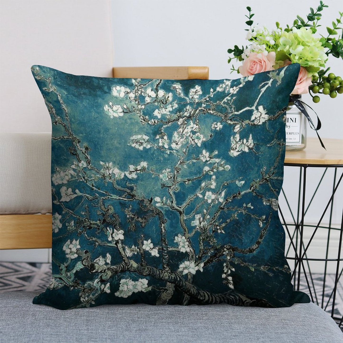 Van Gogh Almond Blossoms Dark Teal Linen Throw Pillow Cover