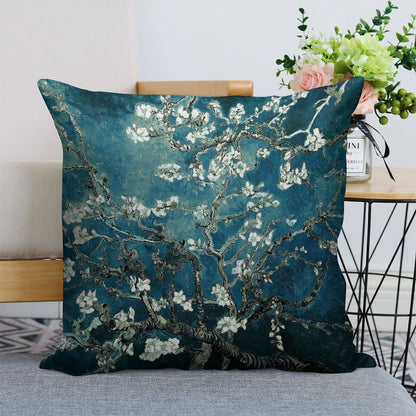 Van Gogh Almond Blossoms Dark Teal Linen Throw Pillow Cover