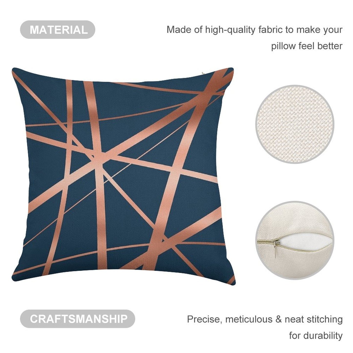 Navy Rose Gold Luxe Linen Throw Pillow Cover