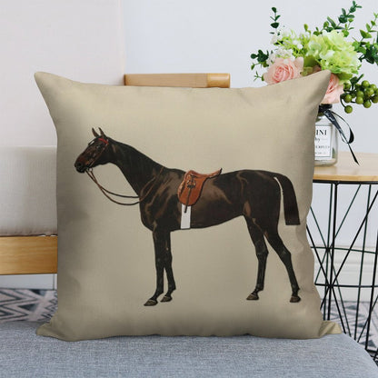 Vintage Equestrian Saddled Riding Horse Linen Throw Pillow Cover