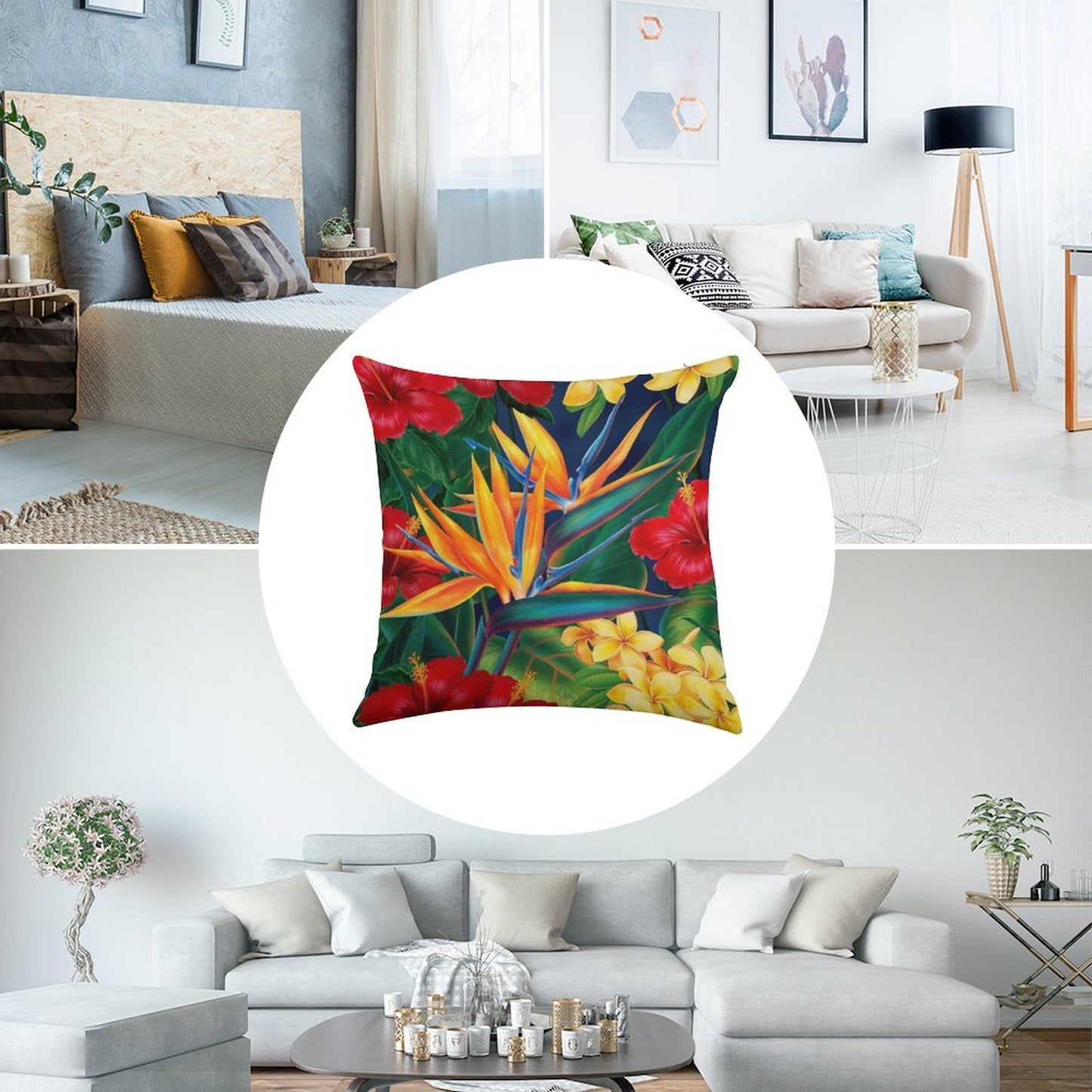 Tropical Paradise Hawaiian Birds of Paradise Illustration Linen Throw Pillow Cover