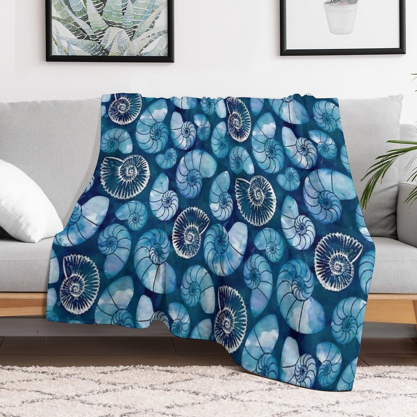 Nautilus Fossils in Sapphire Blue Throw Blanket