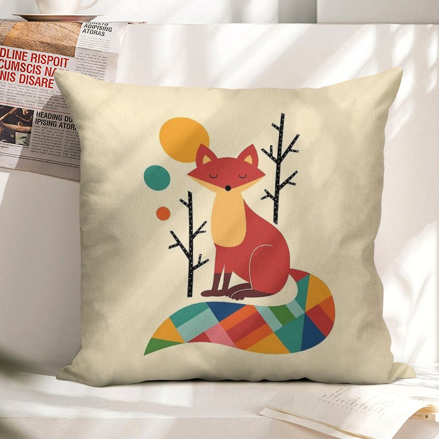 Rainbow Fox Linen Throw Pillow Cover