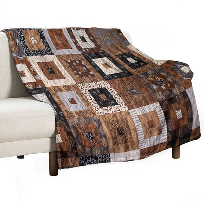 Classic Retro Brown Quilted Patchwork Quilting Pattern Mosaic Motif Throw Blanket