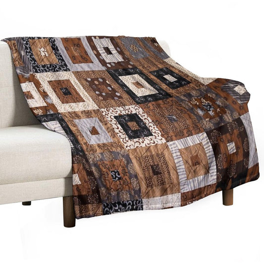 Classic Retro Brown Quilted Patchwork Quilting Pattern Mosaic Motif Throw Blanket