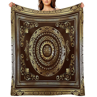 Baroque Gold Maroon Greek Key Vintage Style Throw Blanket