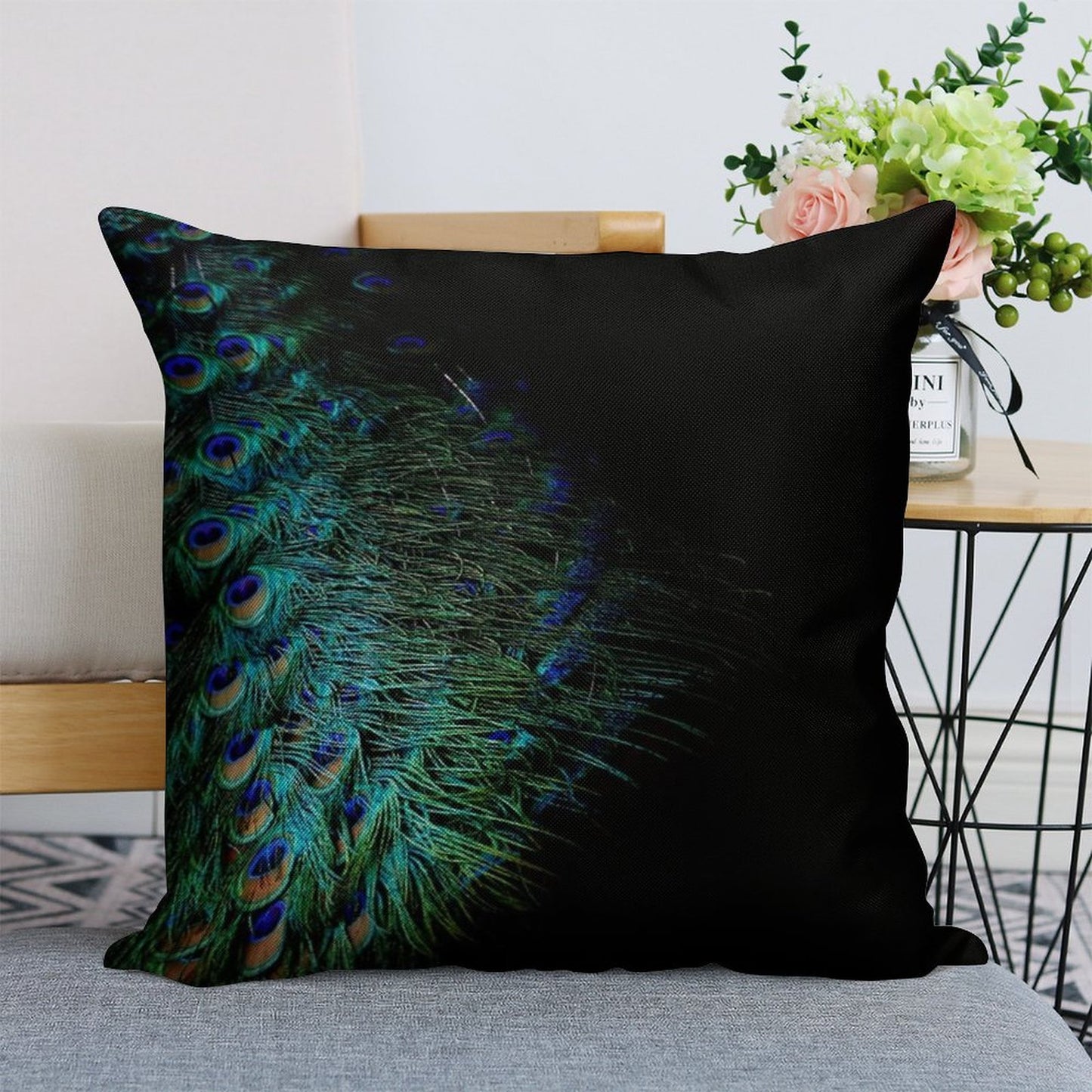 Peacock Feathers on A Black Background Linen Throw Pillow Cover