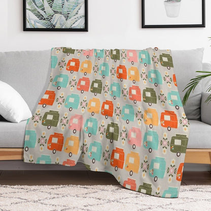 Colourful Vintage Caravans And Daisies Throw Blanket