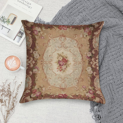 Antique Rose Floral French Aubusson Rug Print Soft Fade-Resistant Throw Pillow