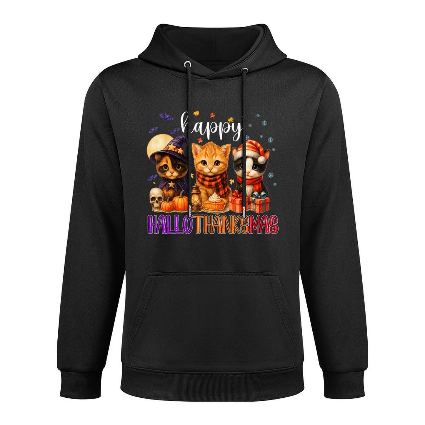 Happy HalloThanksMas Funny Halloween Thanksgiving Christmas Colorfast Hoodie