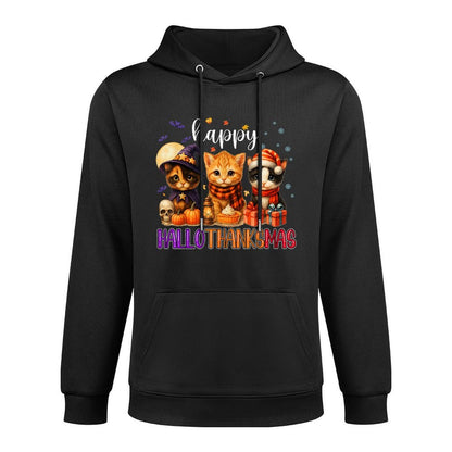 Happy HalloThanksMas Funny Halloween Thanksgiving Christmas Colorfast Hoodie