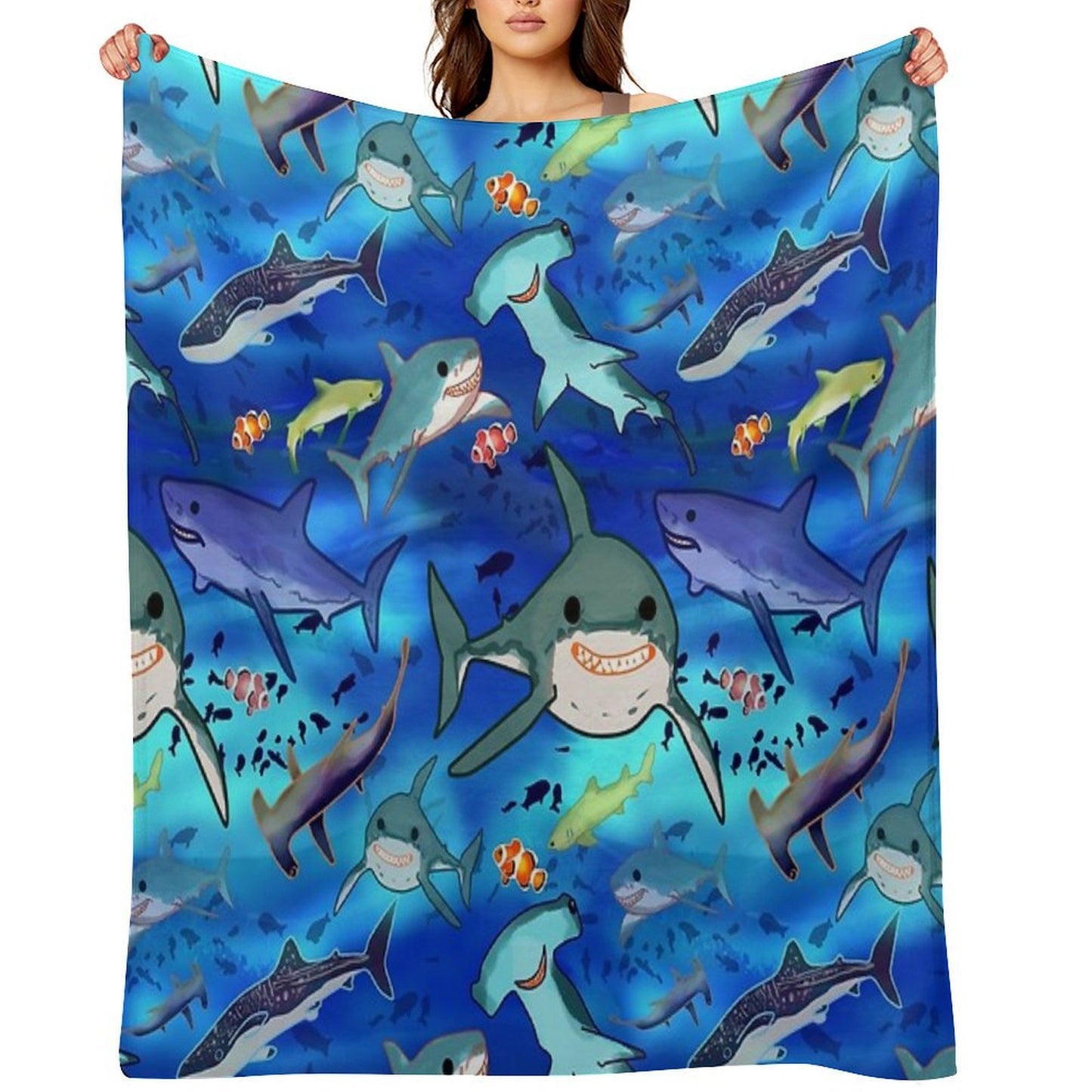 Sharks Clownfish Great White Undersea Fun Playful Kids Pattern Hammerhead Whale Shark Lemon Shark Throw Blanket