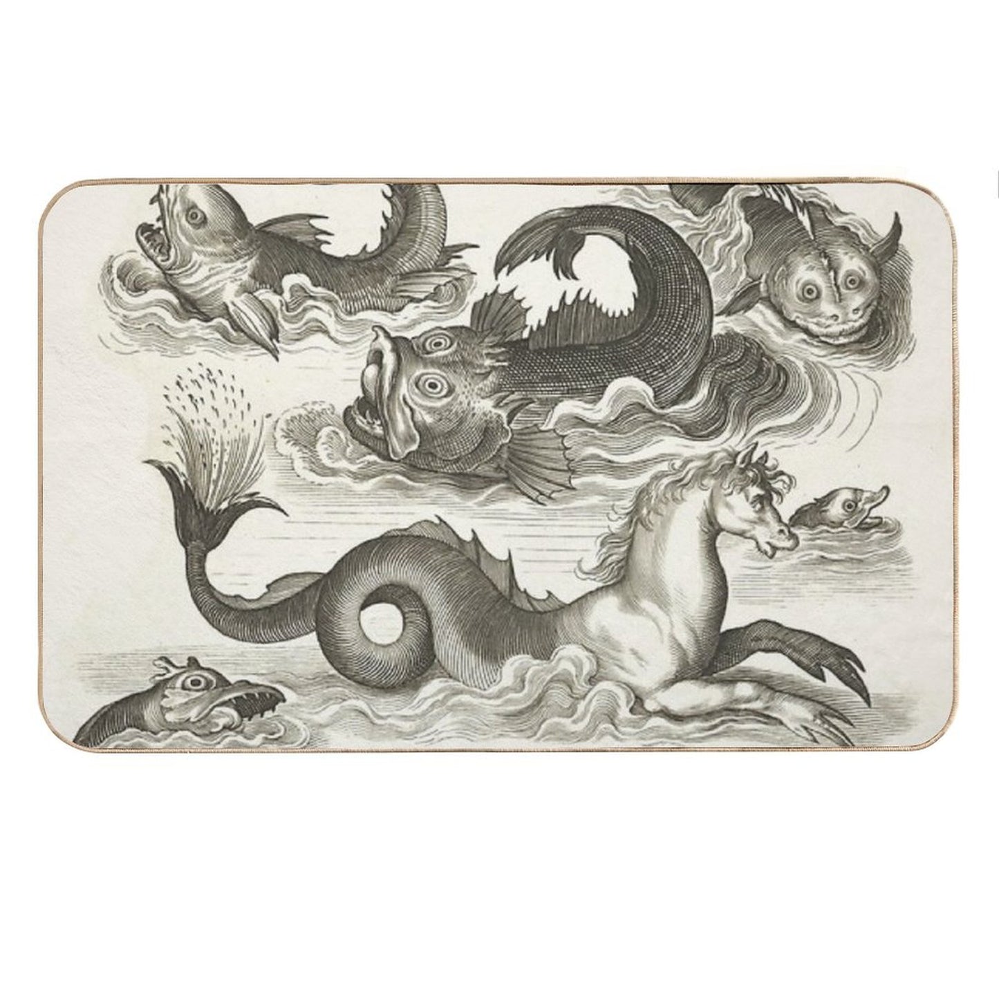 MEDIEVAL BESTIARY,Black White Fantastic Aquatic Animals And Sea Horse of Neptune Bath Mat