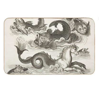 MEDIEVAL BESTIARY,Black White Fantastic Aquatic Animals And Sea Horse of Neptune Bath Mat