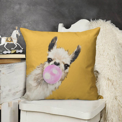 Bubble Gum Sneaky Llama in Mustard Yellow Linen Throw Pillow Cover