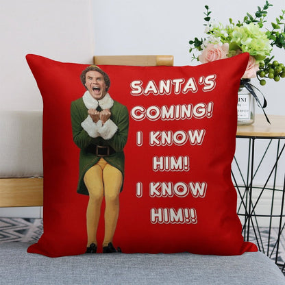 SANTA'S COMING! I KNOW HIM! Elf The Movie Will Ferrell Buddy Christmas Linen Throw Pillow Cover