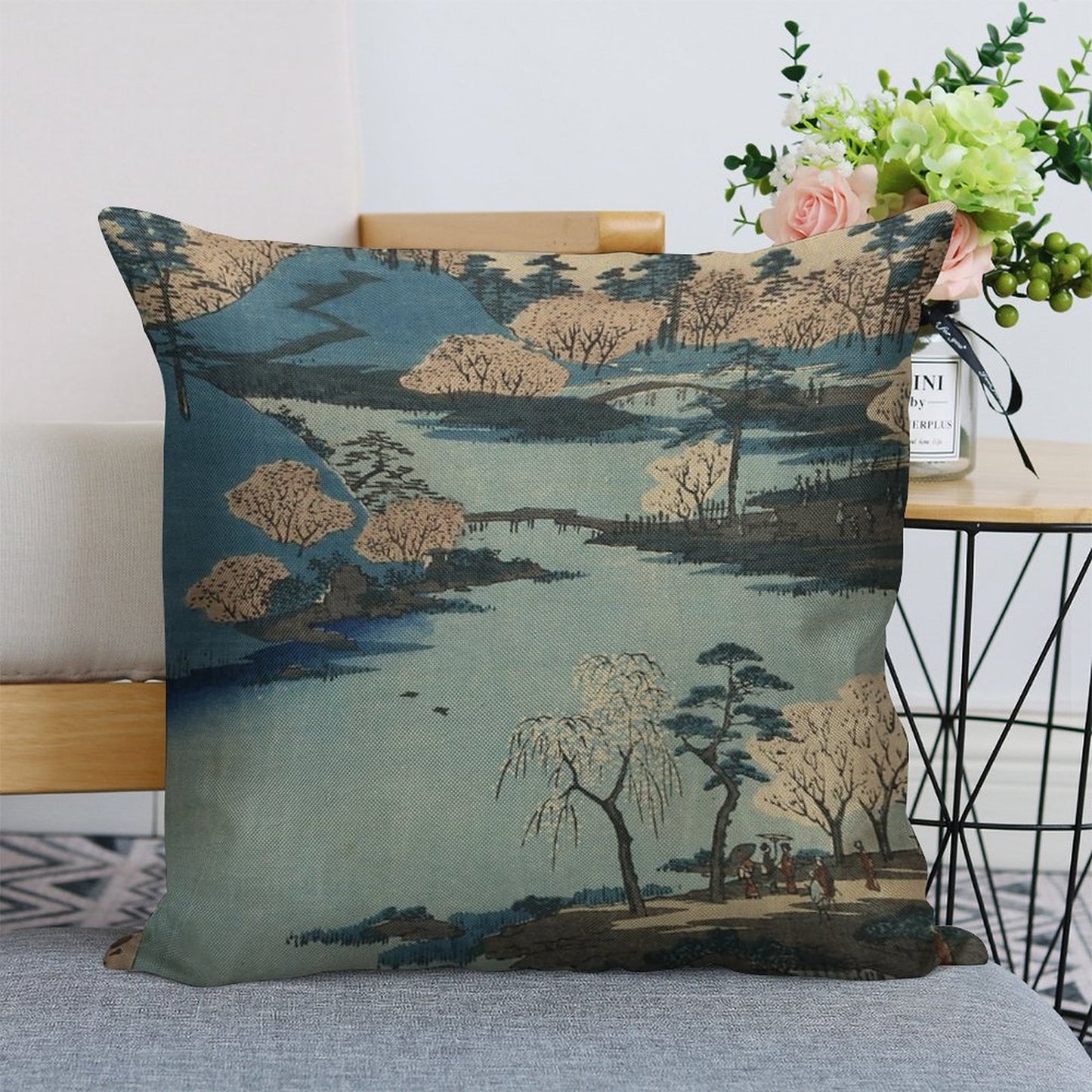 Vintage 1800's Japanese River Landscape Art Linen Throw Pillow Cover