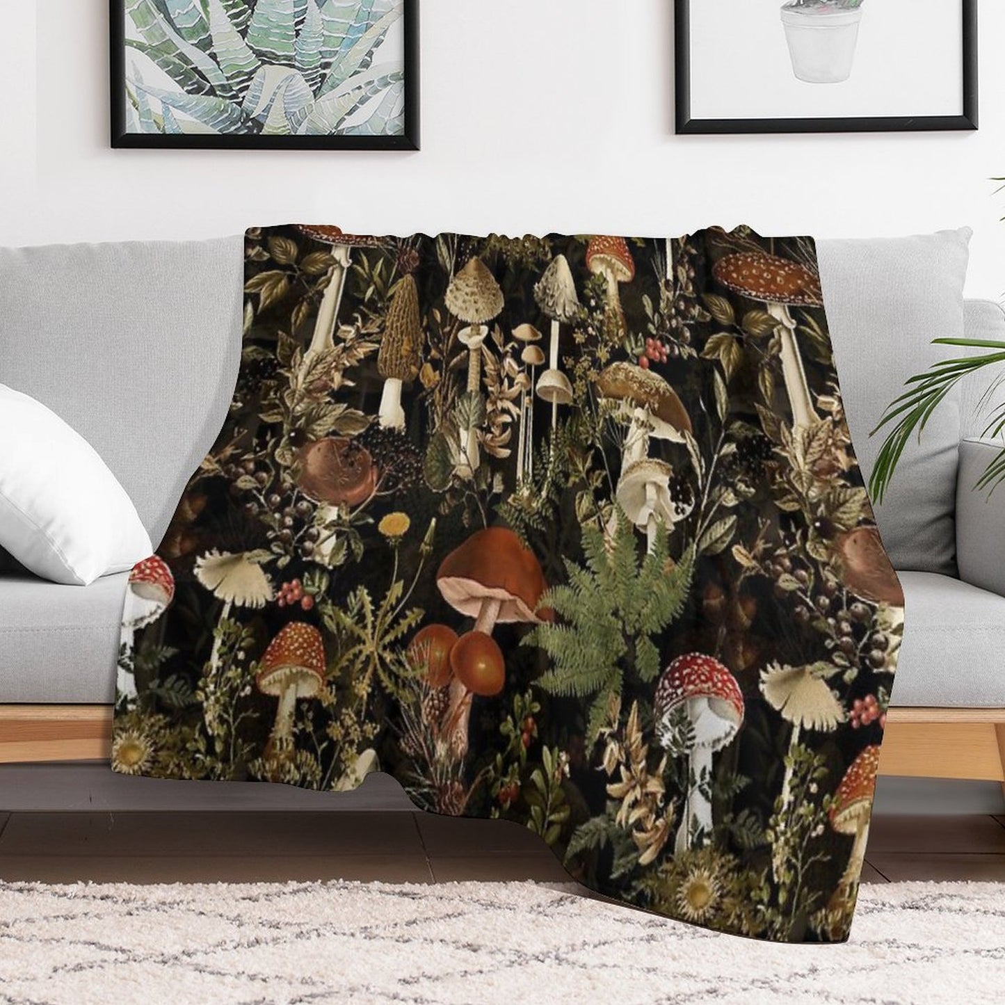 Vintage Midnight Mushrooms Forest Botanical Night Garden Pattern - Black Nightgarden Throw Blanket