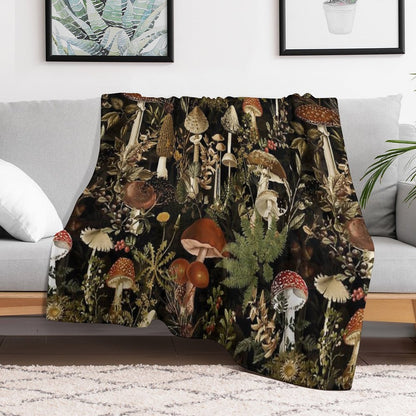 Vintage Midnight Mushrooms Forest Botanical Night Garden Pattern - Black Nightgarden Throw Blanket