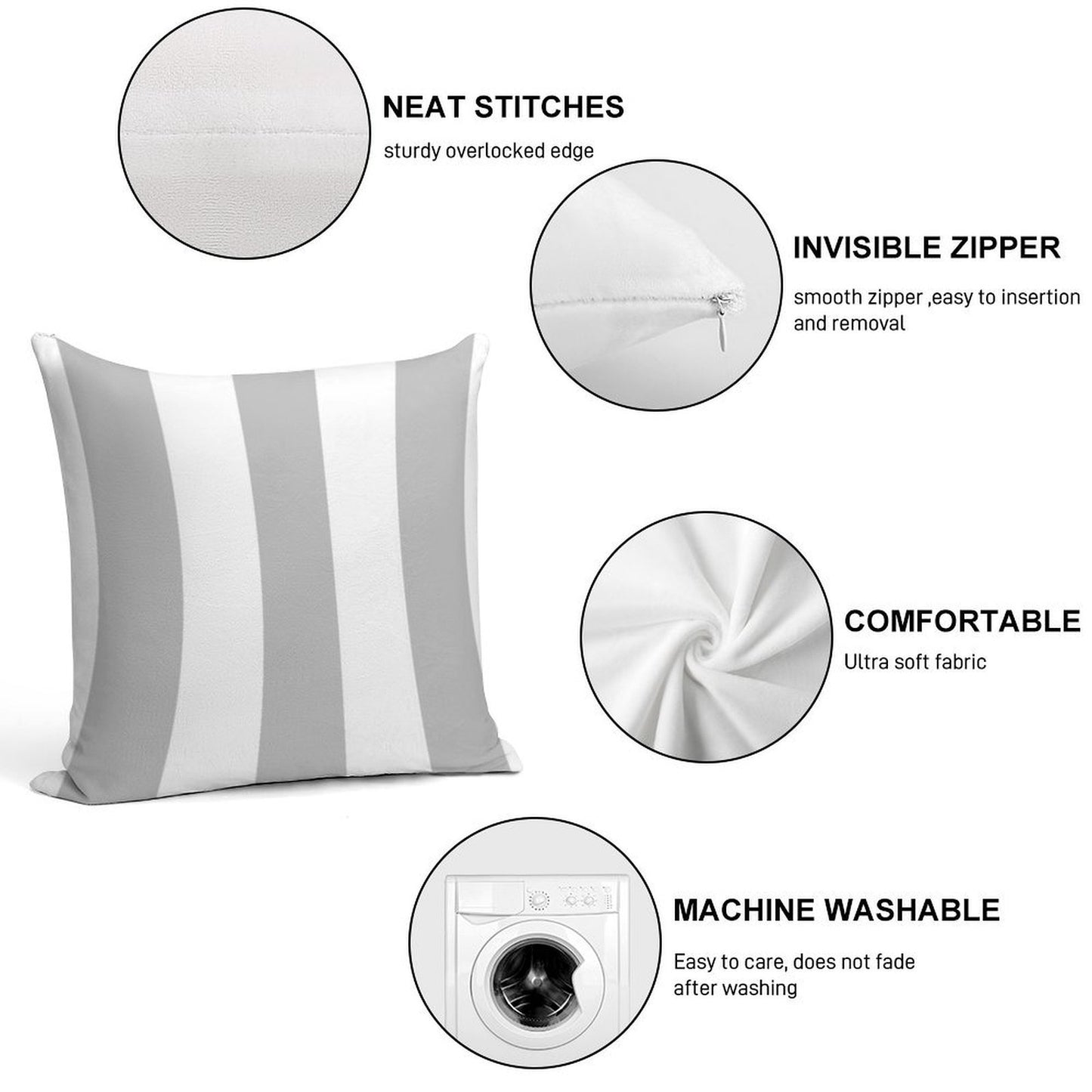 Silver Gray And White Stripes Soft Hidden Zipper Throw Pillow