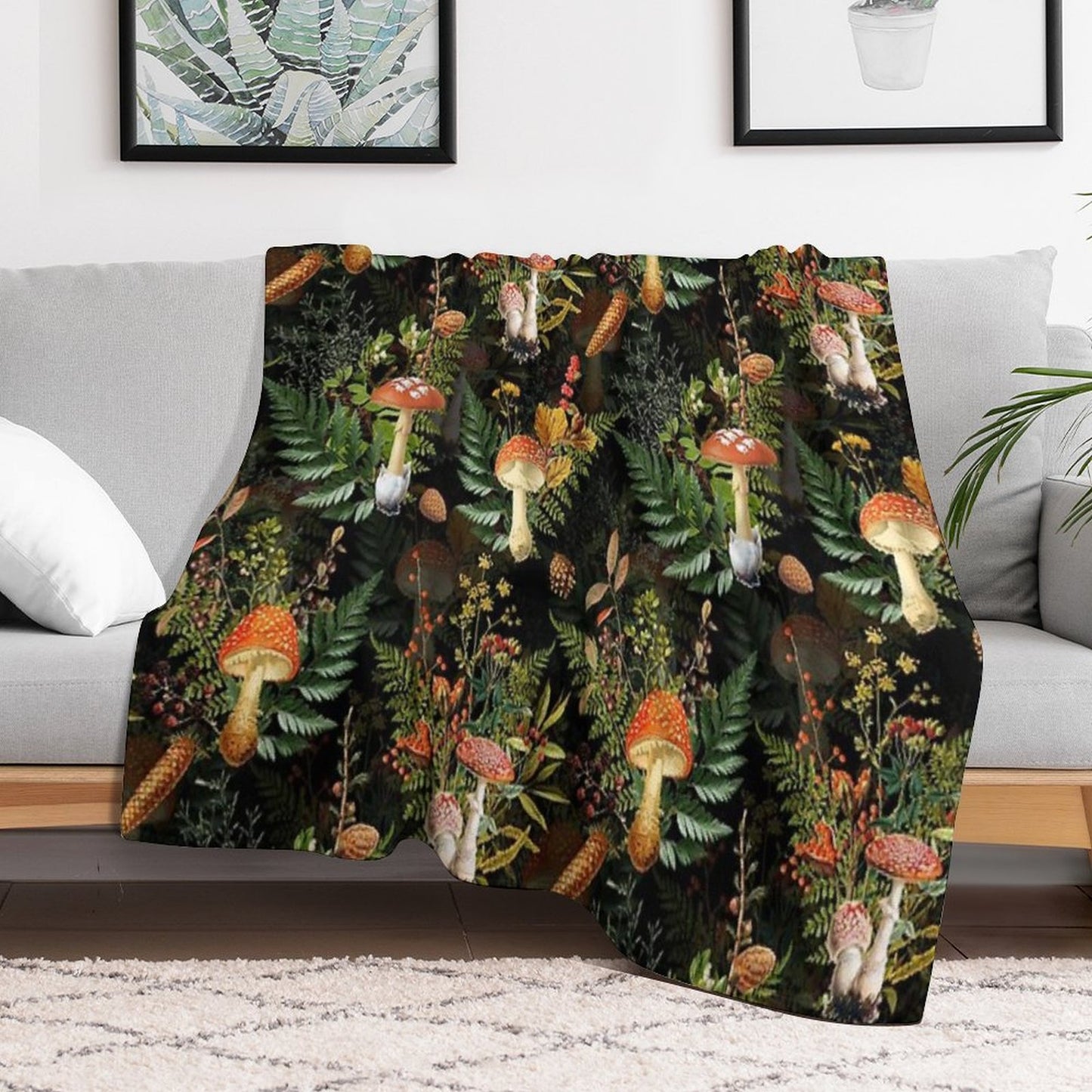 Vintage Midnight Toadstools in The Forest Botanical Night Garden on Black Nightgarden Throw Blanket