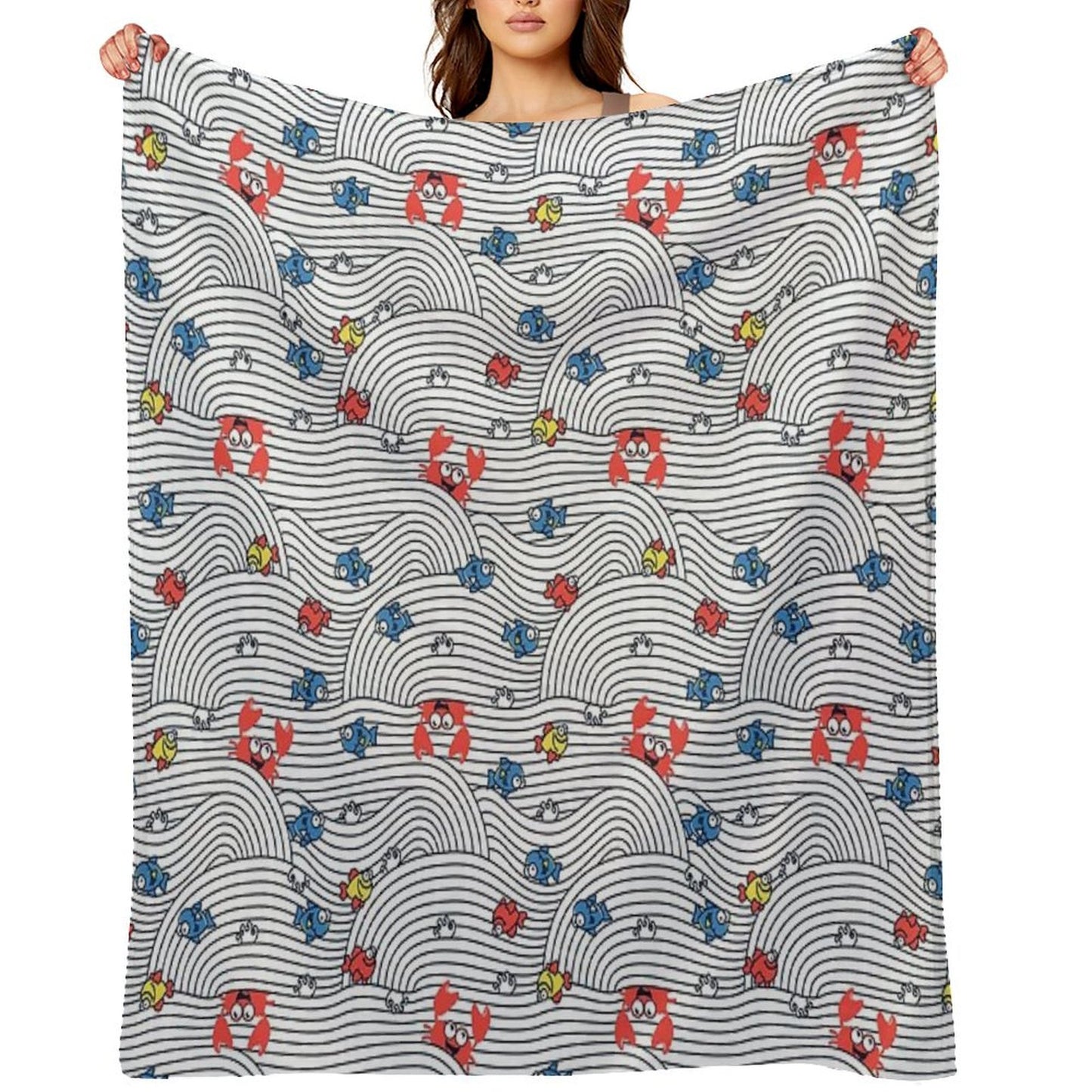 Grafic Waves from Stripes with Fish And Crabs. Sea Seamless Pattern. Throw Blanket