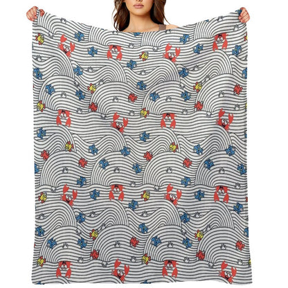 Grafic Waves from Stripes with Fish And Crabs. Sea Seamless Pattern. Throw Blanket