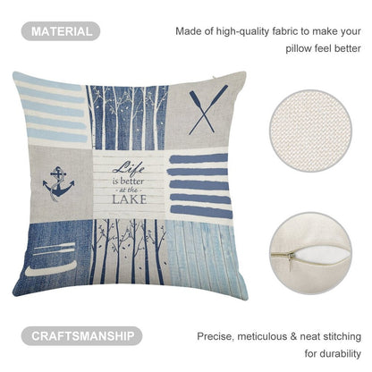 Life Is Better at The Lake Patchwork Linen Throw Pillow Cover