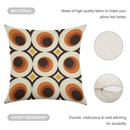 1970s Orange Mid-Century Modern Circle 1 Linen Throw Pillow Cover