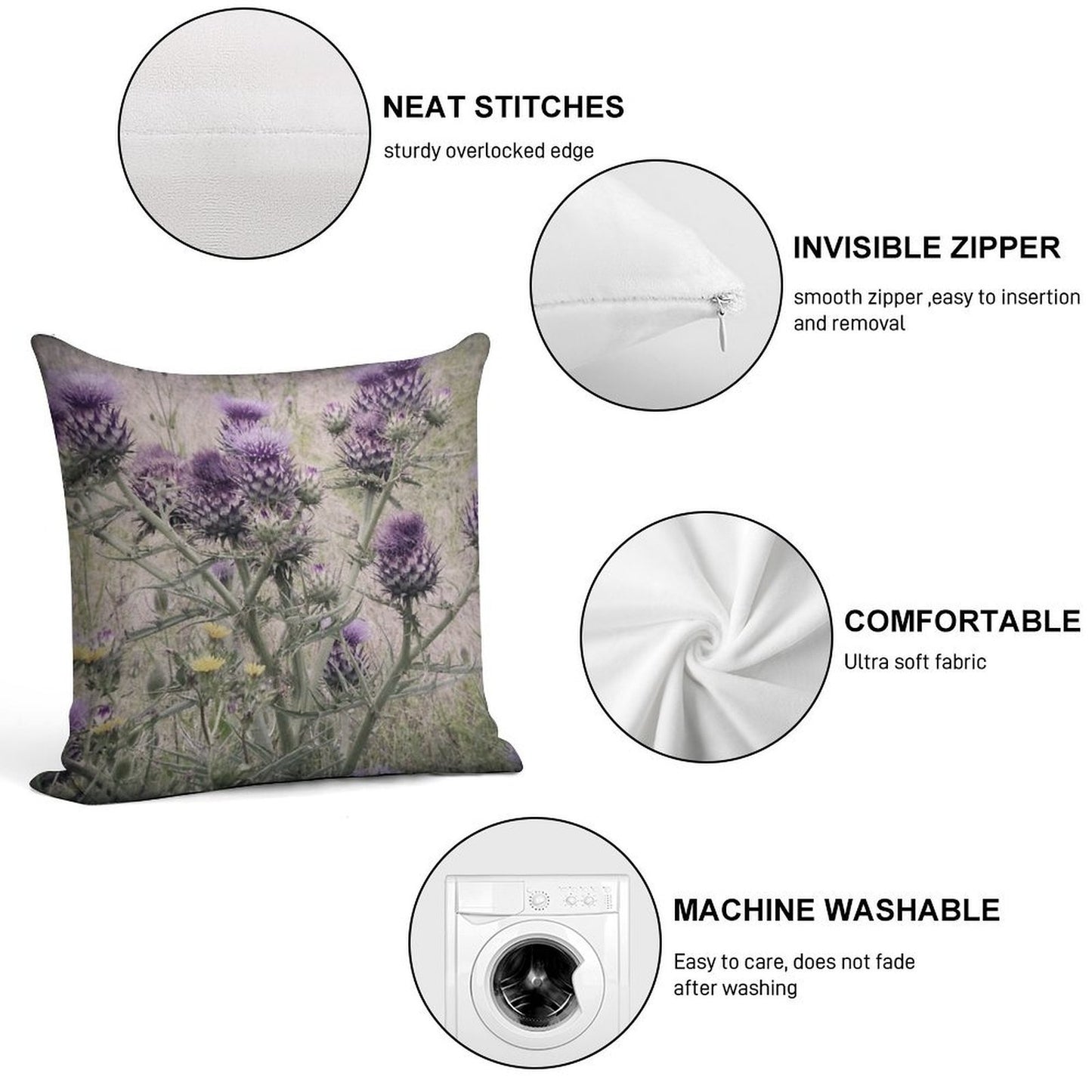 Purple Thistle Flowers with Yellow Daisies. Soft Reinforced Edging Throw Pillow