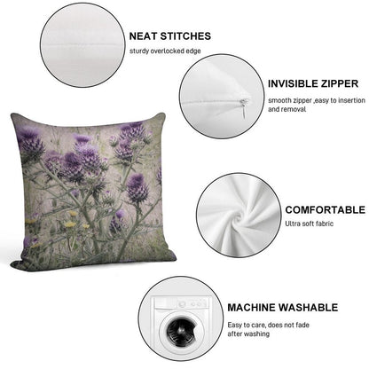 Purple Thistle Flowers with Yellow Daisies. Soft Reinforced Edging Throw Pillow