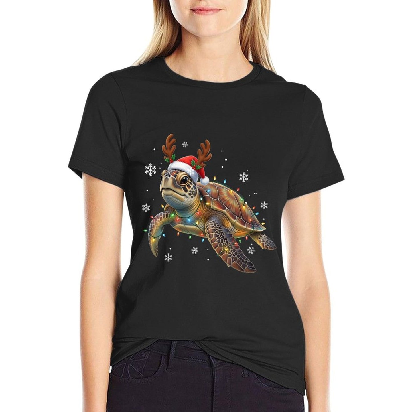 Sea Turtle Christmas Lights Funny Santa Hat Gifts Men Women  Oversized Silhouette T-Shirt