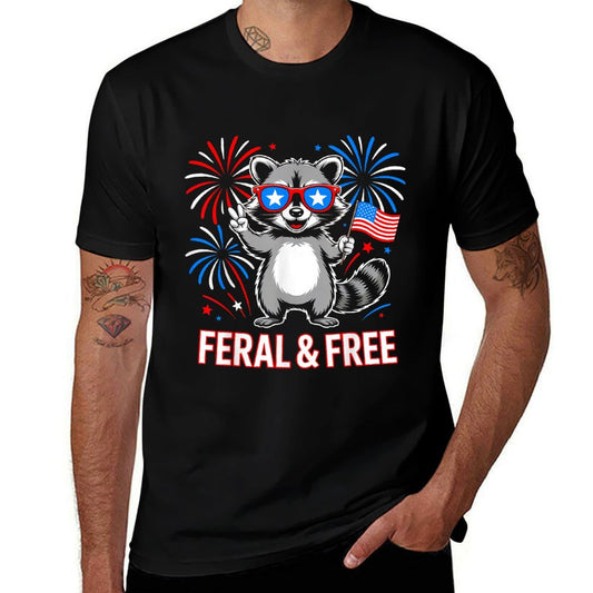 Feral & Free Raccoon Funny Patriotic 4th of July  Trendy Pattern T-Shirt