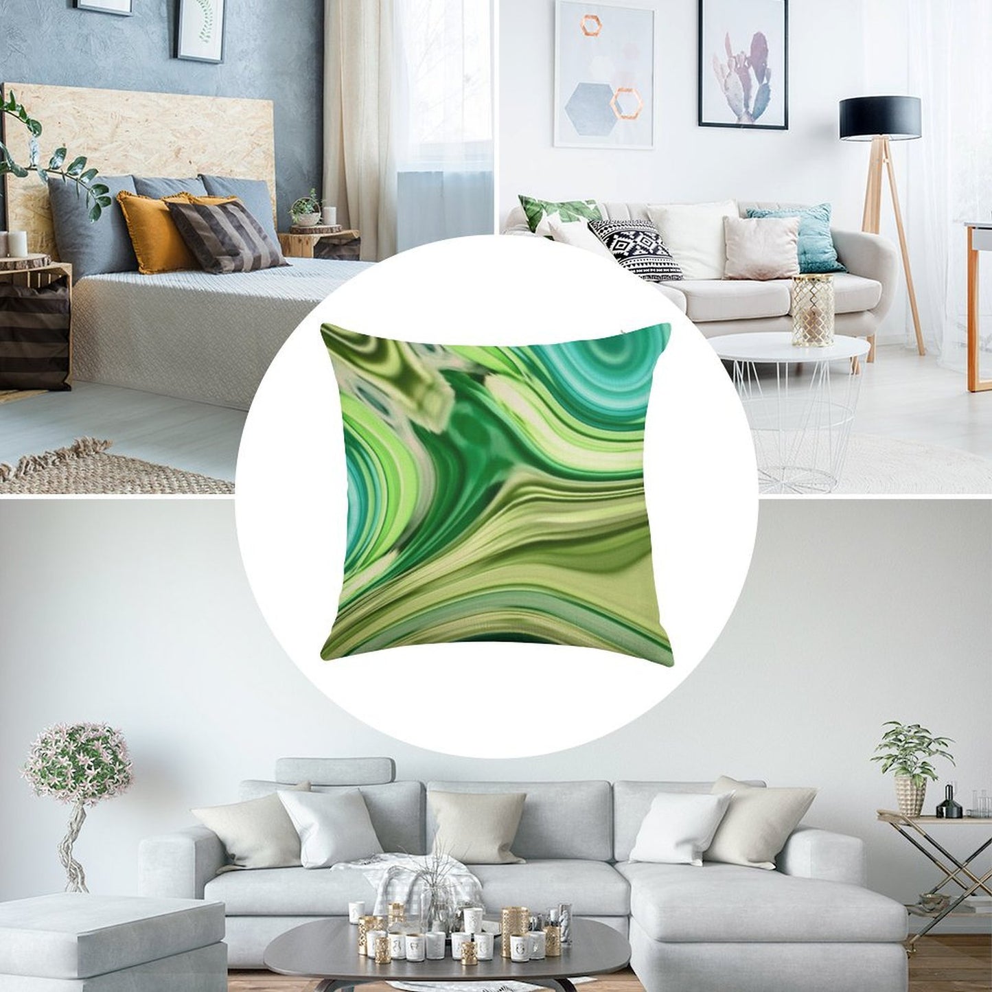 1980s Modern Abstract Turquoise Lime Green Marble Swirls Linen Throw Pillow Cover